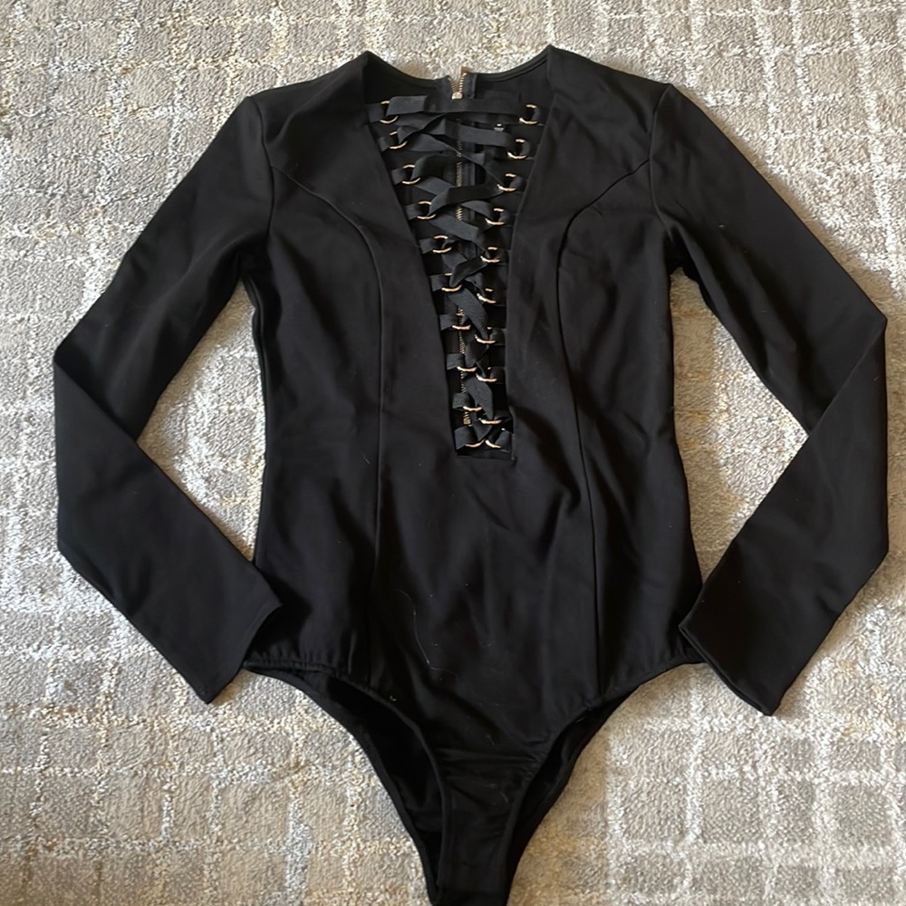 Black body suit with front lace up detail
